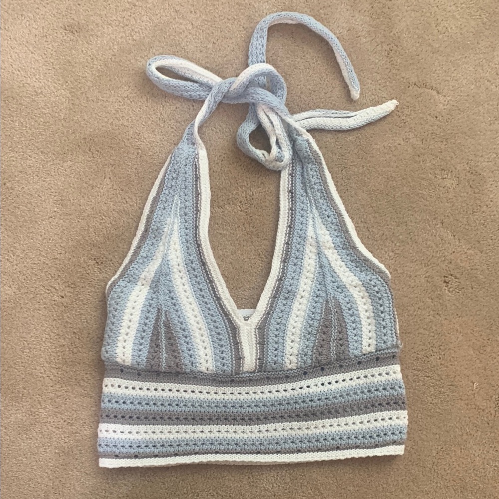 Hollister Blue and Gray Crochet Halter Top